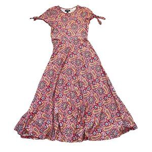 Chaps Tie Sleeve Knit Maxi Dress Women's Small Multicolor Paisley Floral Boho